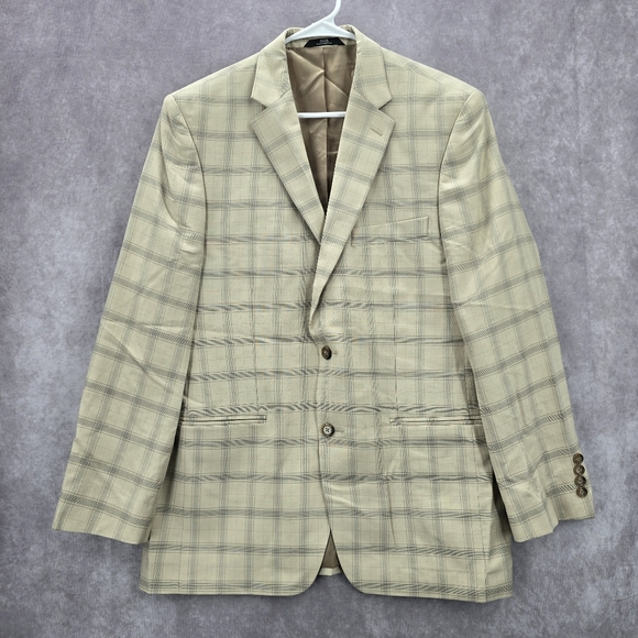 Haggar‎ Classic Fit Men's Beige SportsCoat Windopane Plaid Blazer 40R